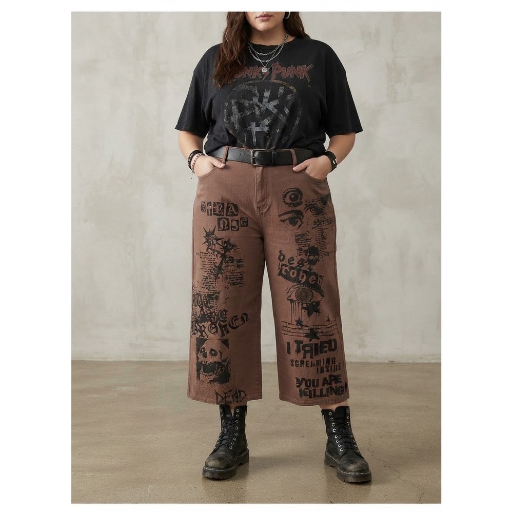Y2K Unisex Grunge Brown Graphic Print Wide Leg Crop Jeans Plus 24 Emo Punk